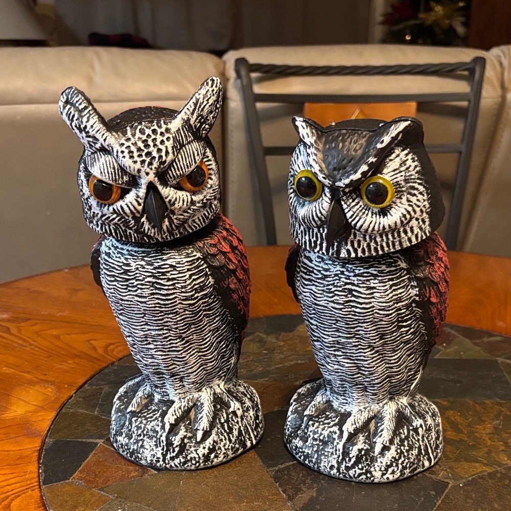 Decorative Owl Figurines with Red and Black Accents rotating head